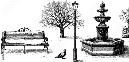 Winter city park scene with cast iron elements - bench, fountain, and lamp post in snow - design for print, card, poster