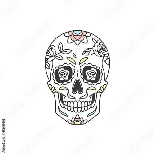 A stylized, decorative skull illustration featuring floral and geometric patterns.