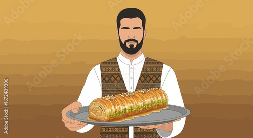 Bearded Man Presenting Delicious Baklava on a Silver Platter, Cuisine Concept