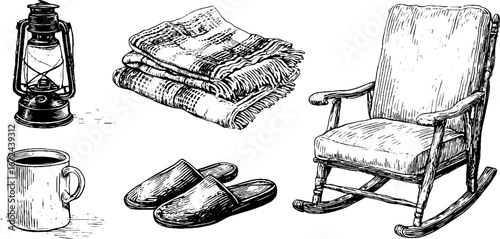 Cozy living room essentials: wool blanket, rocking chair, lantern, slippers, and mug design for home decor