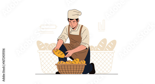 Baking Process Illustration: Baker Arranging Fresh Loaves In a Woven Basket with Precision