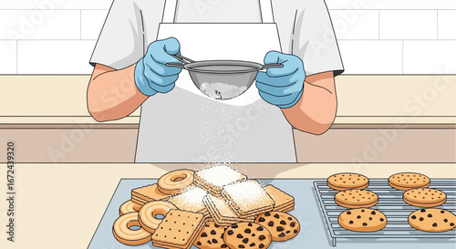 Baking Process: Decorating Cookies With Powdered Sugar, Sweet Treats And Culinary Arts.