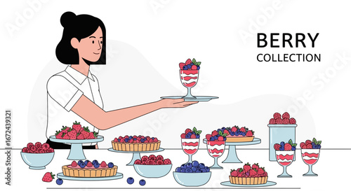 Beautiful Array Of Desserts With Berries Served By Waiter In Clean Flat Illustration