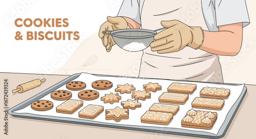 Baking Process: Person With Gloves Sifting Powdered Sugar Over Freshly Baked Cookies and Biscuits