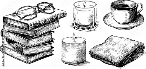 Cozy autumn reading essentials: stack of books, candle, glasses, tea, and blanket for relaxation