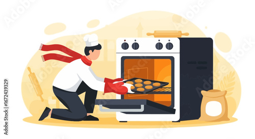 Baking Process Illustration: Baker Placing Tray Of Cookies In The Oven, Culinary Concept