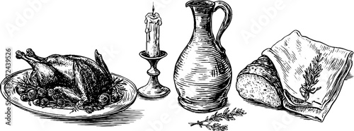 Vintage festive dinner table setting with roast and candle for holiday celebrations