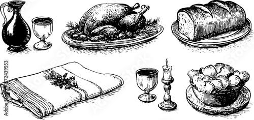 Vintage festive dinner table elements sketch for holiday decor and design