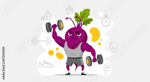 Beetroot Character Demonstrates Weightlifting, Embodiment Of Fitness And Healthy Lifestyle