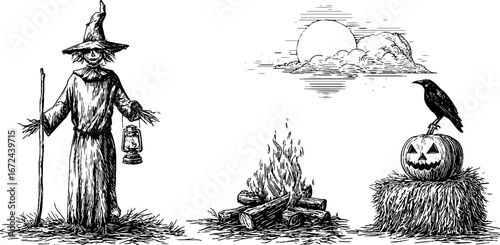 Vintage halloween harvest night illustration set with scarecrow, bonfire, and jack-o’-lantern scene