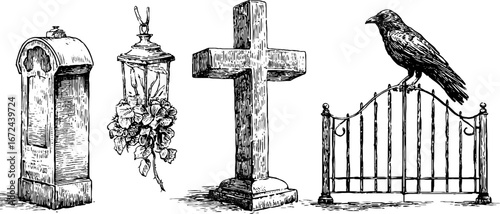 Vintage graveyard elements collection: stone cross, lantern, and gate for halloween design