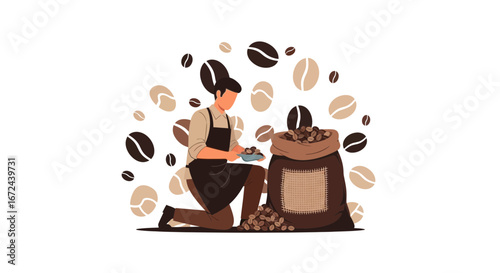 Barista Assisting With Coffee Beans Beside The Big Bag For The Cafe