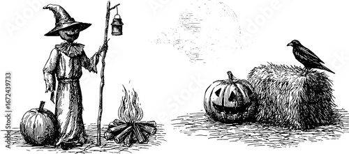 Halloween harvest night set with scarecrow, pumpkins, and crow for vintage design