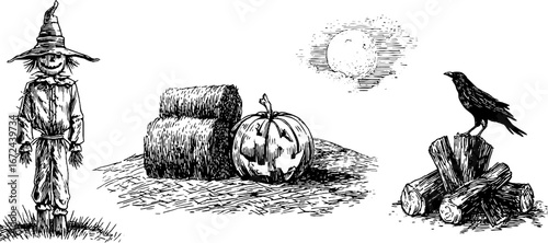 Vintage halloween harvest scene with scarecrow, pumpkin, and crow for seasonal decor