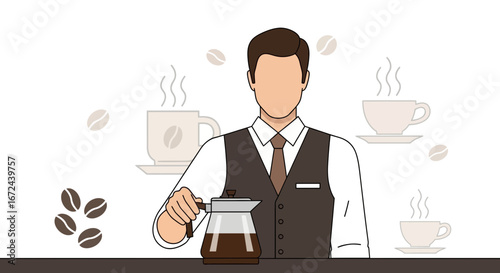 Barista Brewing Coffee: Minimalist Illustration Of Coffee Enthusiast Preparing Fresh Brew
