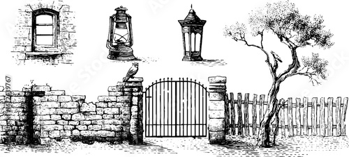 Haunted house elements: broken window, lantern, fence, tree for retro design