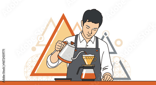 Barista Brewing Coffee Using Pour Over Coffee Method With Geometric Background Illustration