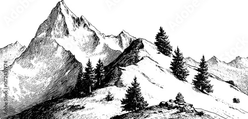 Vintage high ridge panorama illustration set of serrated mountain peaks