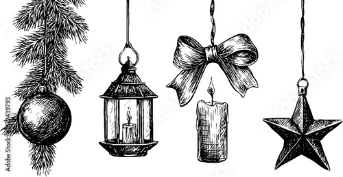 Vintage holiday decorations: festive tinsel, lantern, candle, bow, and star for seasonal design