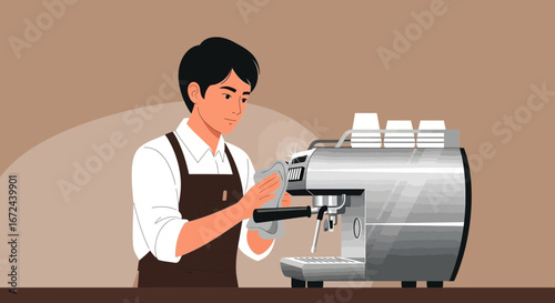 Barista Cleaning Espresso Machine In Cafe Ready After Work Preparing For Customers