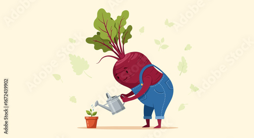 Beetroot Character Watering Tiny Plant in Overalls with Leaves as Background