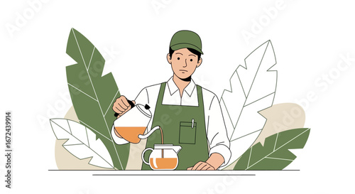Barista Carefully Pouring Tea Into Glass Carafe, Surrounded By Decorative Foliage