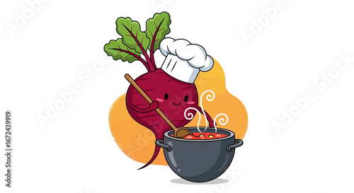 Beetroot Chef Creates Delicious Soup in Whimsical Style on a Warm Orange Background