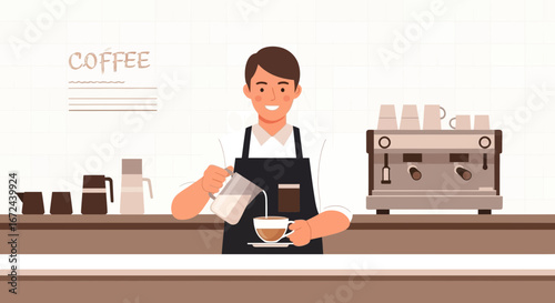 Barista Carefully Pouring Milk Into Coffee Cup, Smiling While Working At A Cafe Or Restaurant