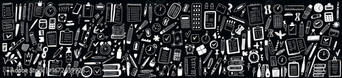 Intricate monochrome office supplies doodle pattern featuring icons of stationery, tools, and desk accessories in a dense seamless design for versatile layout and vector artwork