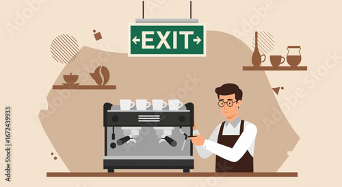 Barista Crafting A Coffee Beverage Near Exit Sign Graphic Illustration