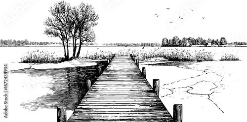 Winter lake scenery with wooden pier and trees - nature illustration set for design