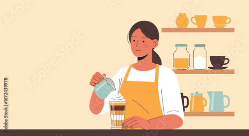 Barista Crafting a Latte: A Colorful Vector Illustration of Cafeteria Work