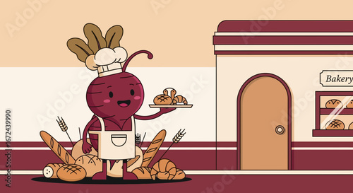 Beetroot Chef Presenting Fresh Baked Goods Outside A Charming Bakery Shop Illustration