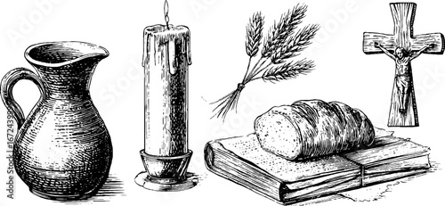Midwinter offering collection: clay jug, candle, wheat, bread, and cross for seasonal celebration design