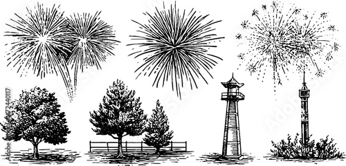 New year fireworks over rooftops with trees and towers - celebratory sketch for festive design