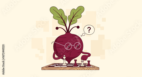 Beetroot Thinking About Chess Strategy And The Next Move Cartoon Illustration