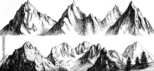 Hand drawn vintage mountain ridge illustration set for nature and adventure themes
