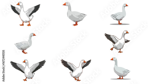 Collection of Adorable Goose Illustrations in Various Poses on White Background