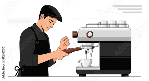 Barista Crafting Espresso, Preparing Coffee With Modern Machine For Customer Service