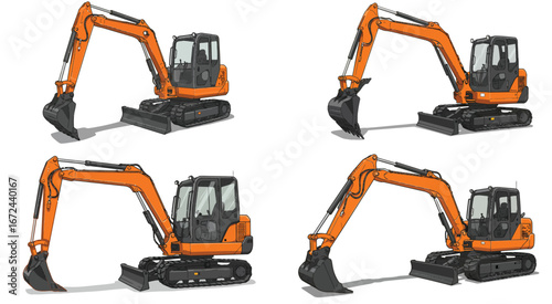 Illustration featuring four orange mini excavators with articulated arm on white background