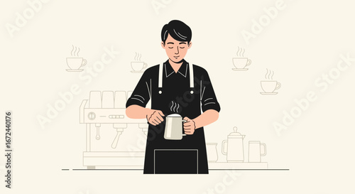 Barista Crafting Exquisite Coffee Drinks with Serenity and Artistry in a Cafe Setting