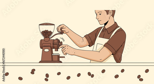 Barista Crafting Freshly Ground Coffee With Manual Milling Machine In A Beige Setting