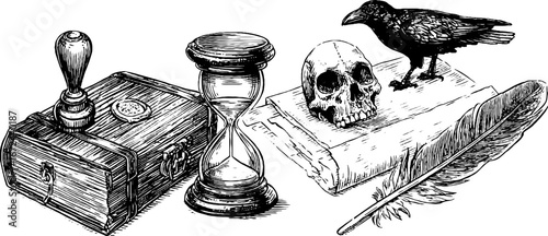 Occult antiquities: vintage set of ancient finds with chest, skull, crow, and hourglass illustration