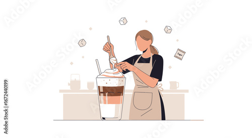 Barista Crafting Layered Coffee Drink With Artistic Skill And Delicate Whipped Cream