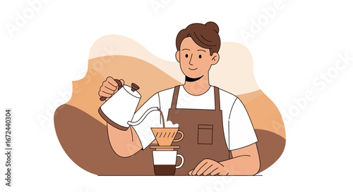 Barista Expertly Brewing Fresh Coffee, Pouring Boiling Water Into The Filter, Creating Delightful