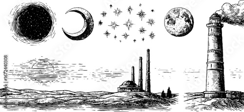 Vintage polar night illustration set with crescent moon, stars, and nightscape elements for print design