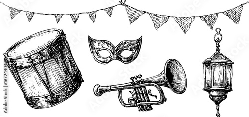 Festive celebration symbols: drum, mask, trumpet, lantern, and bunting illustration set for event design