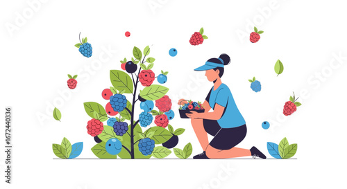 Berry Picker in Garden: Woman Harvesting Berries From Bush in Summertime Illustration