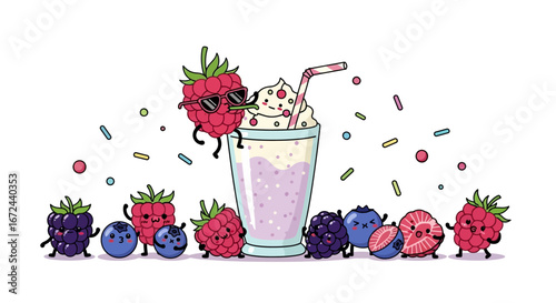 Berry Smoothie Fun: Charming Illustration of Delightful Raspberry Cartoon