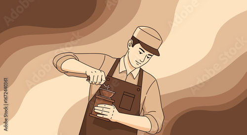 Barista Focused On Grinding Fresh Coffee Beans Inside Cafe Environment Design